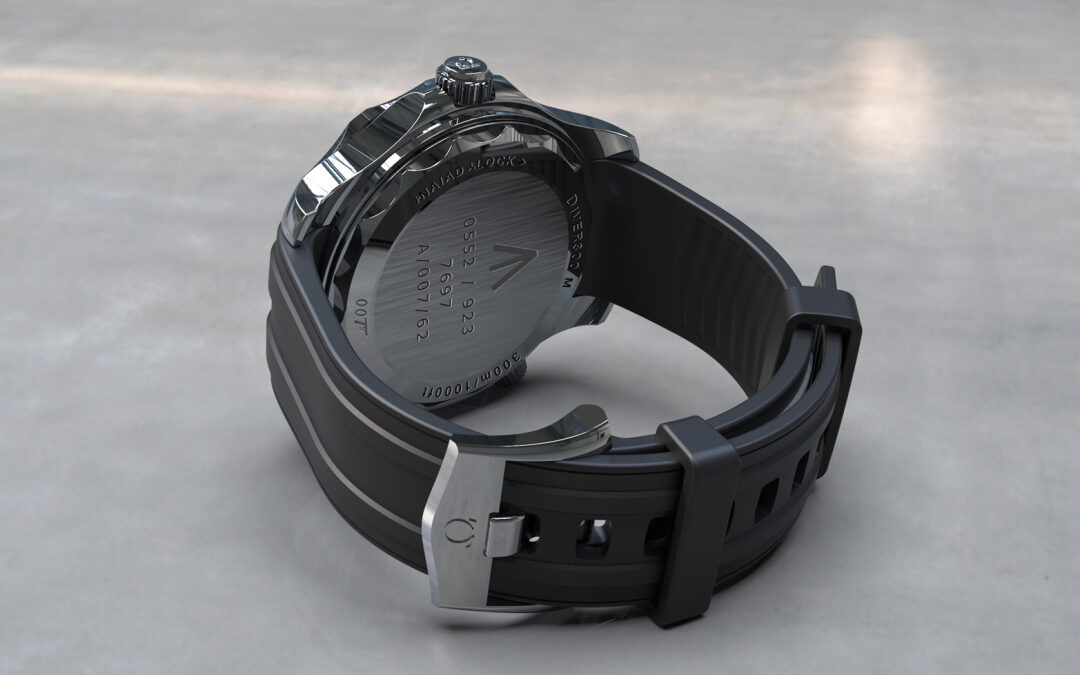 Product rendering horloge op ondergrond met slagschaduw en reflecties